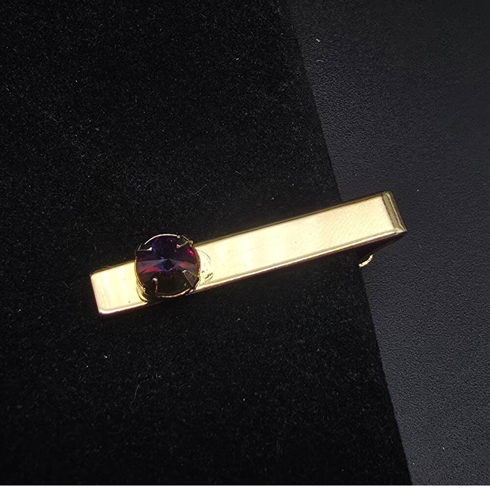 Gold Tone Rivoli Rhinestone Tie Clip Tack Tie Pin Tie Bar Vintage